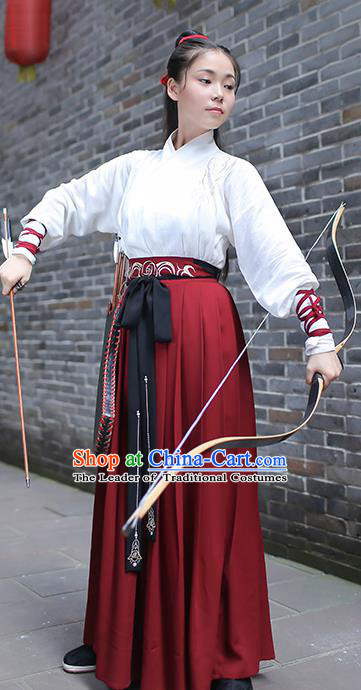 Traditional Chinese Ancient Swordswoman Hanfu Costume, Asian China Han Dynasty Embroidered Blouse and Skirts for Women