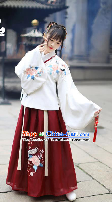 Traditional Chinese Ancient Hanfu Costume Palace Lady Dress, Asian China Ming Dynasty Embroidered White Blouse and Red Skirt Clothing for Women