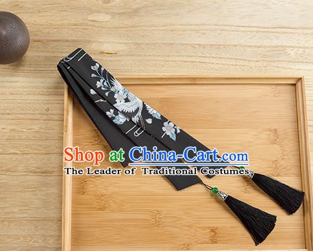 Traditional Chinese Ancient Hanfu Hair Accessories, Asian China Han Dynasty Princess Hair Clasp Printing Black Tassel Silk Headband