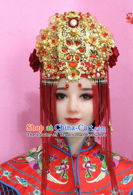 Traditional Handmade Chinese Hair Accessories Bride Wedding Xiuhe Suit Phoenix Coronet Complete Set, Empress Tassel Step Shake Hair Jewellery Hairpins for Women