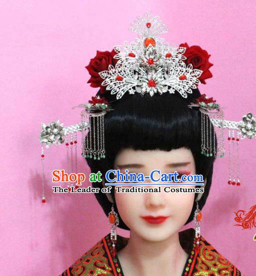 Traditional Handmade Chinese Hair Accessories Palace Lady Tassel Phoenix Coronet Complete Set, Xiuhe Suit Hair Jewellery Hairpins for Women