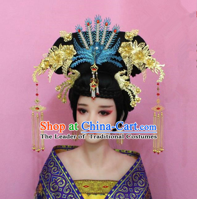 Traditional Handmade Chinese Hair Accessories Qing Dynasty Palace Lady Empress Phoenix Headwear, Manchu Princess Flowers Hairpins for Women
