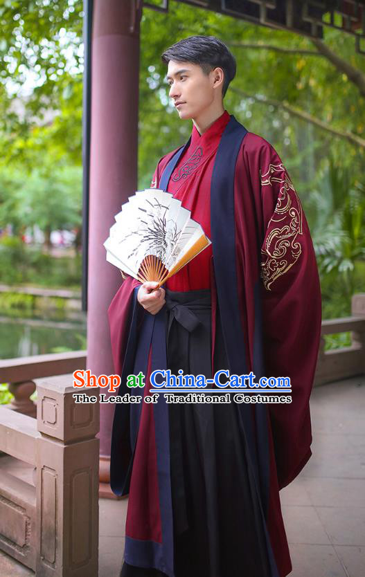 Traditional Chinese Ancient Imperial Bodyguard Costume, Asian China Han Dynasty Swordsman Red Embroidered Cloak for Men