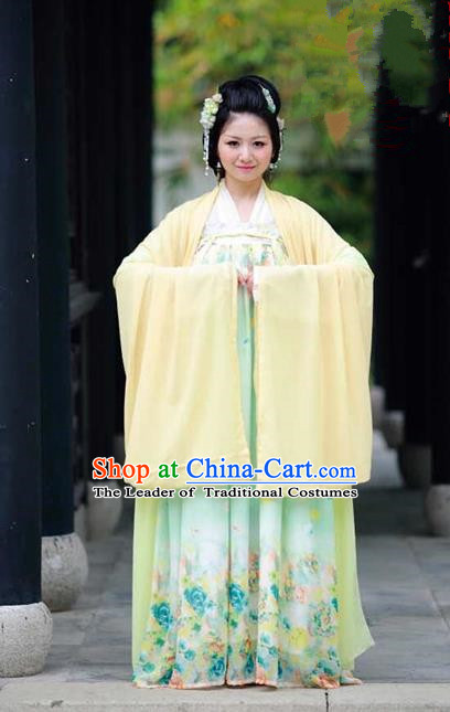 Traditional Chinese Ancient Palace Lady Costume, Asian China Tang Dynasty Princess Embroidered Wide Sleeve Yellow Cardigan for Women