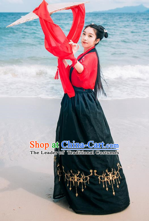Traditional Chinese Ancient Palace Lady Costume, Asian China Song Dynasty Princess Embroidered Red Blouse and Black Skirts for Women