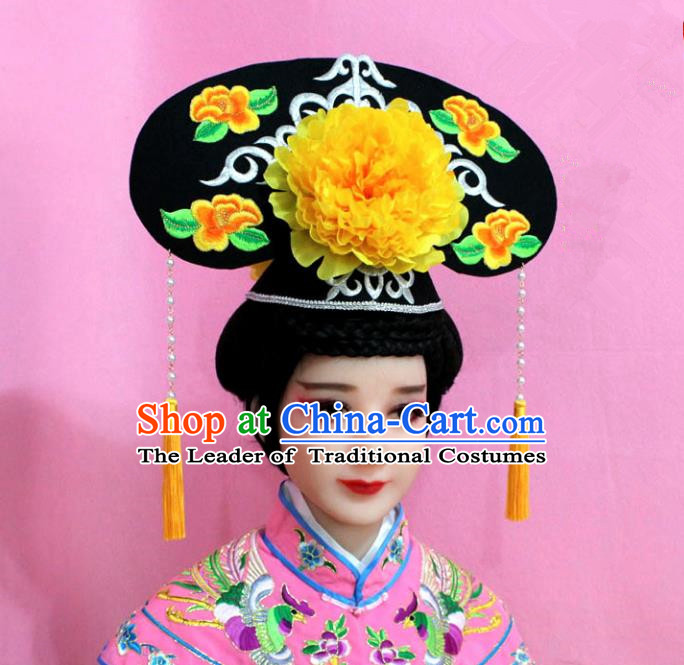 Traditional Handmade Chinese Hair Accessories Qing Dynasty Palace Lady Yellow Peony Headwear, Manchu Imperial Concubine Hairpins for Women