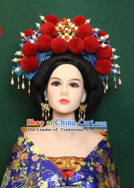 Traditional Handmade Chinese Hair Accessories Empress Red Venonat Phoenix Coronet, Tang Dynasty Princess Headwear for Women
