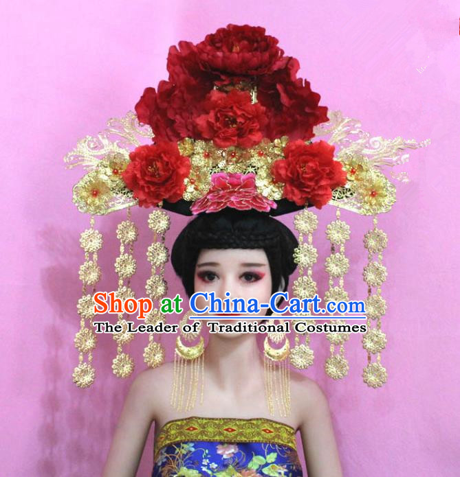 Traditional Handmade Chinese Hair Accessories Qing Dynasty Empress Banners Luxury Peony Headwear, Manchu Imperial Concubine Hairpins for Women