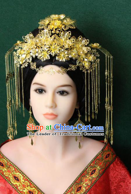 Traditional Handmade Chinese Hair Accessories Tang Dynasty Empress Tassel Hairpins, China Palace Phoenix Coronet Step Shake Headwear for Women