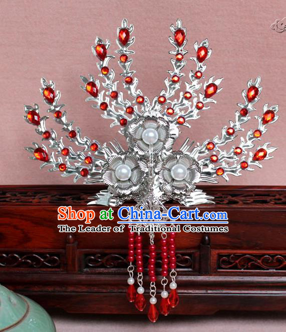 Traditional Handmade Chinese Hair Accessories Princess Red Crystal Phoenix Hairpins, Tang Dynasty Palace Lady Tassel Frontlet Step Shake for Women