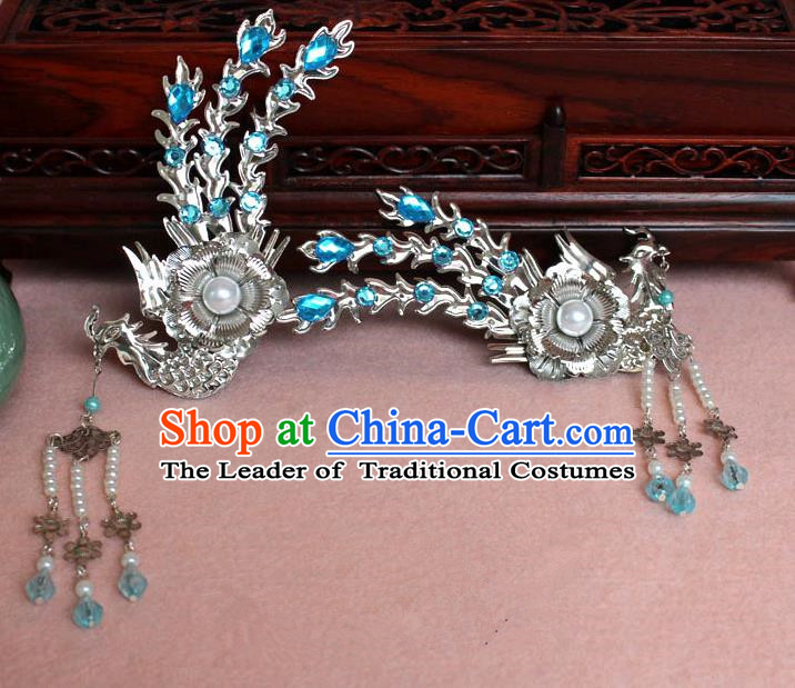 Traditional Handmade Chinese Hair Accessories Princess Blue Phoenix Hairpins, Tang Dynasty Palace Lady Tassel Step Shake for Women