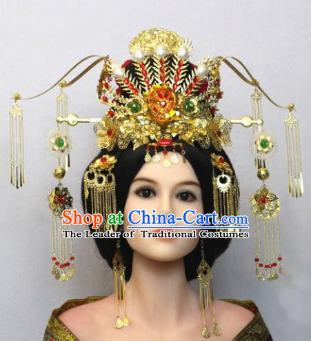 Traditional Handmade Chinese Hair Accessories Tang Dynasty Empress Phoenix Coronet Complete Set, China Palace Lady Hairpins Tassel Step Shake for Women