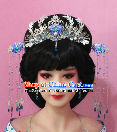 Traditional Handmade Chinese Hair Accessories Empress Cloisonne Phoenix Coronet, China Tang Dynasty Hairpins Step Shake Complete Set for Women