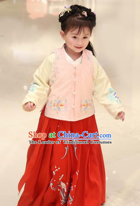 Traditional Chinese Ancient Hanfu Princess Costume Embroidered Pink Vest Blouse and Red Skirt, Asian China Ming Dynasty Palace Lady Clothing for Women