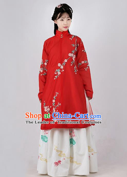 Asian Chinese Ming Dynasty Princess Costume Embroidery Begonia Red Coat, Ancient China Palace Lady Embroidered Dress for Women