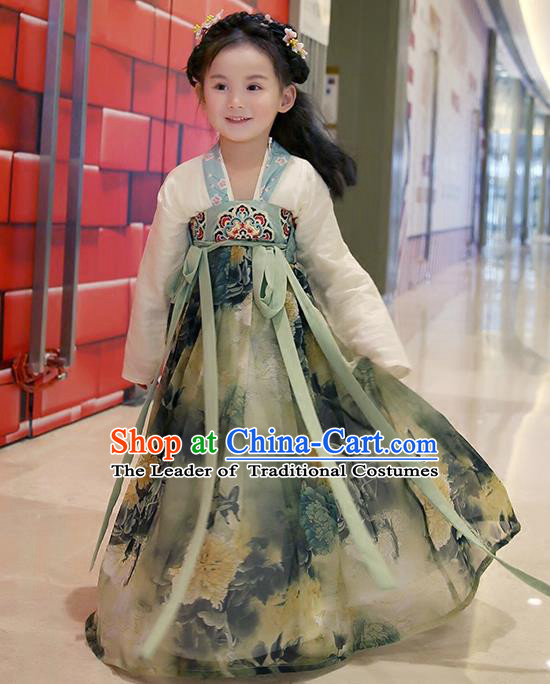 Asian China Ancient Han Dynasty Costume Grey Dress, Traditional Chinese Princess Printing Clothing for Kids