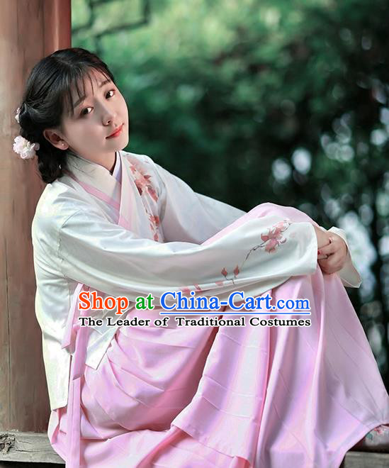 Asian Chinese Ming Dynasty Hanfu Embroidered Costume Blouse and Skirt, Traditional China Ancient Princess Clothing for Women