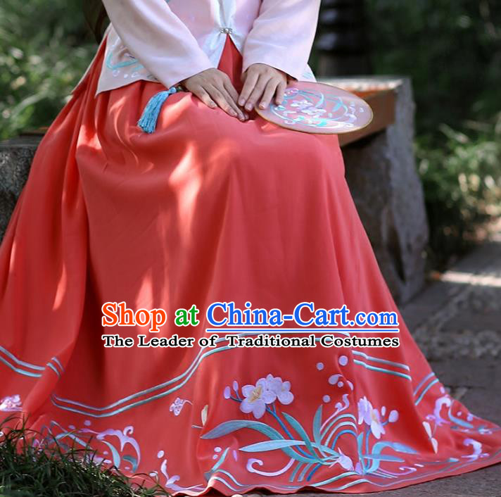 Asian Chinese Ming Dynasty Hanfu Costume Embroidered Red Bust Skirt, Traditional China Ancient Princess Dress Clothing for Women