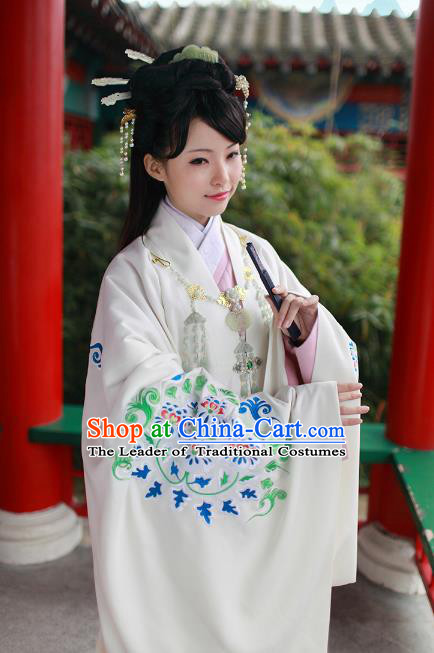 Asian Chinese Tang Dynasty Imperial Princess Costume, Traditional China Ancient Palace Lady Embroidered White Cloak for Women