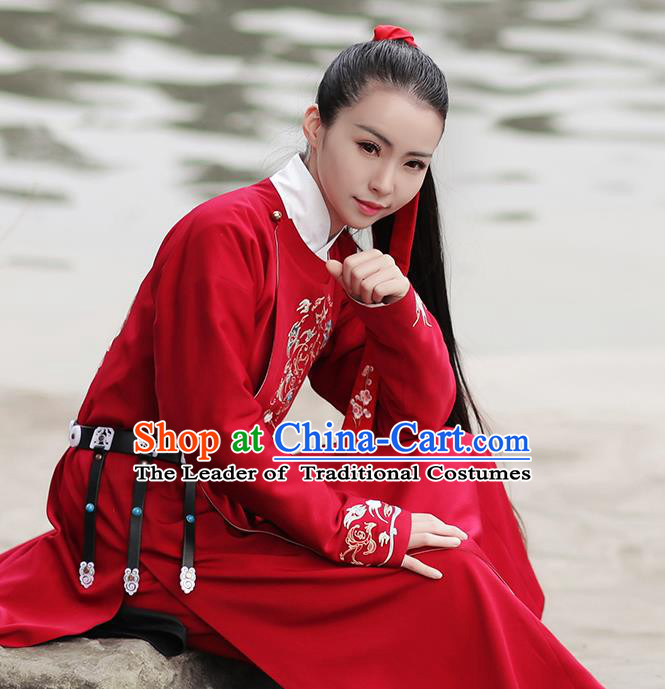 Asian Chinese Ming Dynasty Swordswoman Costume Hanfu Embroidery Red Robe, Traditional China Ancient Embroidered Clothing for Women