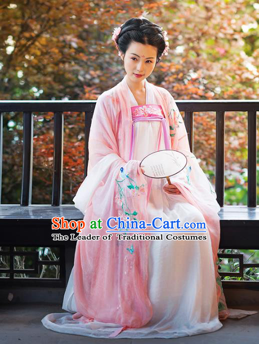 Asian Chinese Tang Dynasty Imperial Concubine Costume Hanfu Pink Embroidery Slip Skirt, Traditional China Ancient Embroidered Dress Clothing for Women
