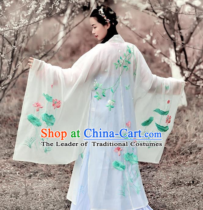 Asian Chinese Tang Dynasty Princess Costume Embroidery Lotus Wide Sleeve Cloak, Ancient China Palace Lady Embroidered White Cardigan for Women