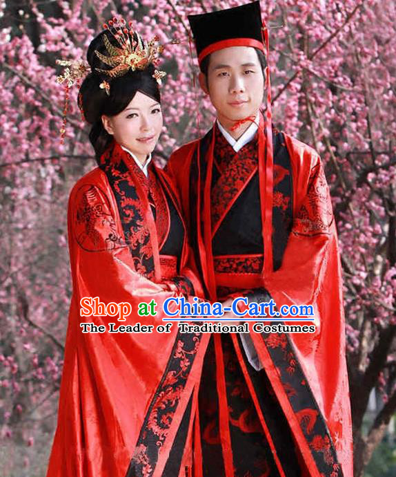 Asian Chinese Zhou Dynasty Wedding Costume Complete Set, Ancient China Bride and Bridegroom Embroidered Clothing for Women for Men