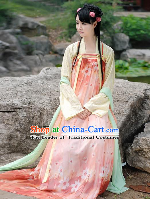 Asian Chinese Tang Dynasty Young Lady Costume, Ancient China Princess Printing Pink Slip Skirt Clothing for Women