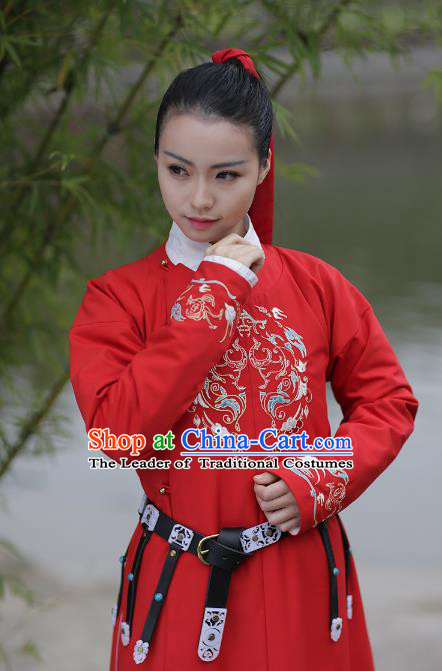 Asian Chinese Ming Dynasty Swordswoman Costume Red Long Robe, Ancient China Imperial Guards Embroidered Hanfu Clothing for Women