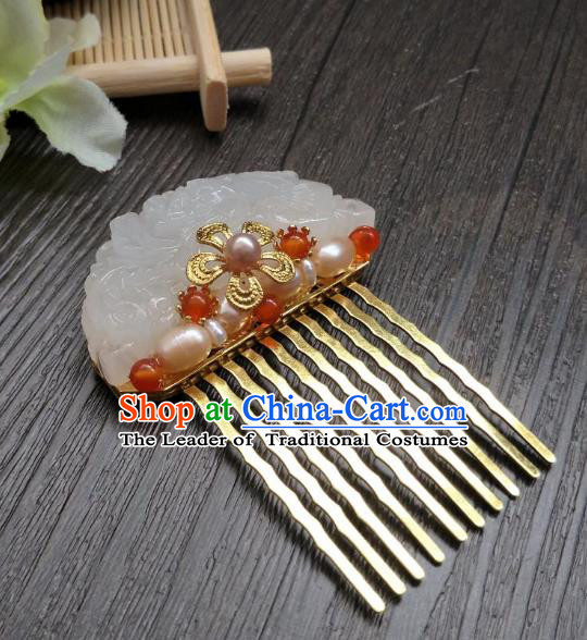 Traditional Handmade Chinese Hair Accessories Hanfu Red Beads Hairpins, China Ancient Tang Dynasty Palace Lady Jade Hair Comb for Women