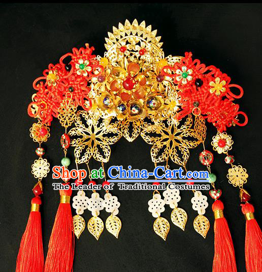 Traditional Handmade Chinese Hair Accessories Wedding Golden Phoenix Coronet, China Xiuhe Suit Tassel Step Shake Hairpins for Women