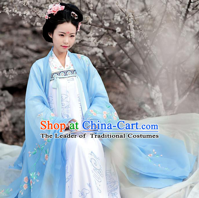 Asian Chinese Tang Dynasty Palace Lady Embroidered Wide Sleeve Cardigan, Ancient China Princess Hanfu Blue Cloak Clothing for Women