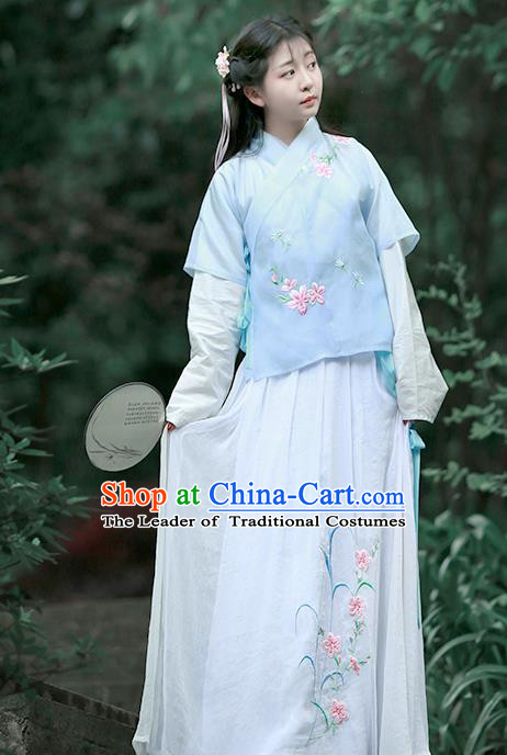 Asian Chinese Song Dynasty Embroidered Costume Complete Set, Ancient China Young Lady Embroidery Blue Half-Sleeves Blouse and Skirt Clothing