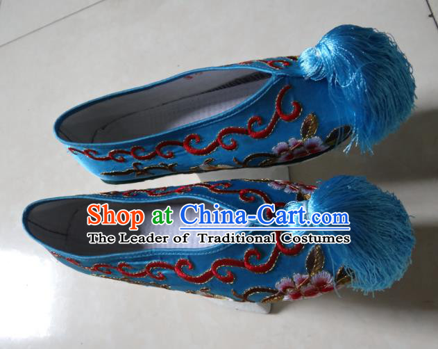 Traditional Chinese Qing Dynasty Princess Embroidered Shoes Saucers Blue Satin Shoes, China Ancient Manchu Palace Lady Blood Stained Shoes for Women