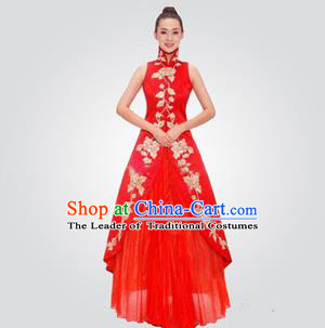 Traditional Chinese National Young Lady Red Qipao Wedding Costume, China Embroidered Cheongsam for Women