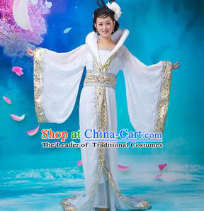 Asian China Ancient Tang Dynasty Imperial Concubine Costume, Traditional Chinese Hanfu Embroidered White Dress Clothing for Women