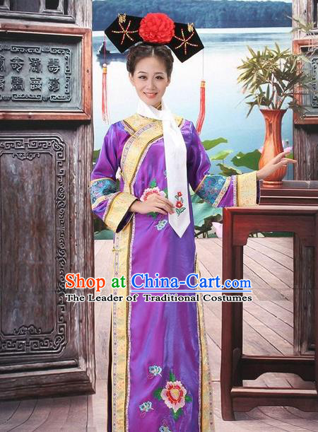 Traditional Ancient Chinese Manchu Palace Lady Purple Costume, Asian Chinese Qing Dynasty Princess Embroidered Dress Clothing for Women