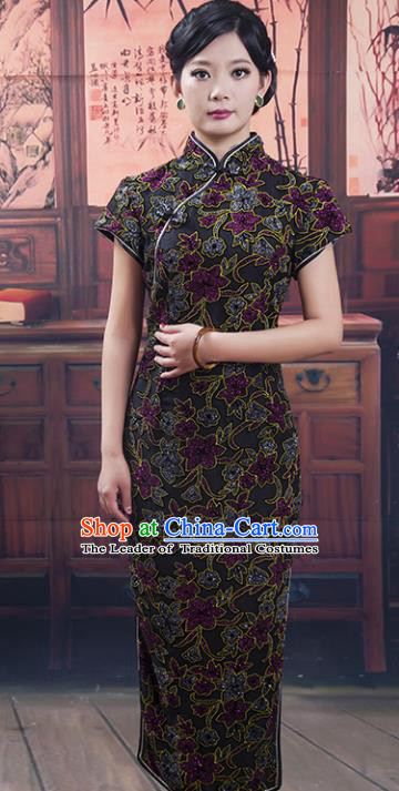 Traditional Ancient Chinese Republic of China Cheongsam Costume, Asian Chinese Black Printing Chirpaur Clothing for Women
