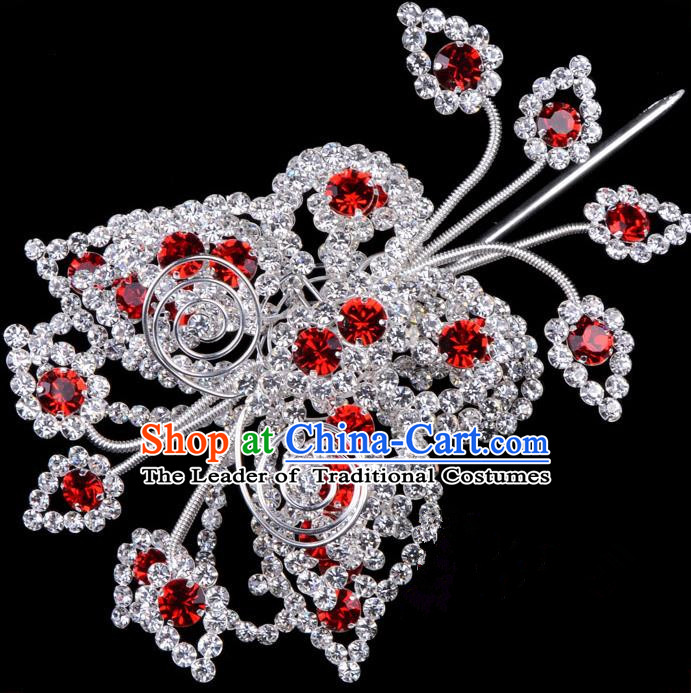 Traditional Beijing Opera Diva Hair Accessories Red Crystal Butterfly Head Ornaments, Ancient Chinese Peking Opera Hua Tan Large Hairpins Hair Stick Headwear