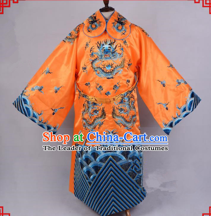 Top Grade Professional Beijing Opera Emperor Costume Royal Highness Yellow Embroidered Robe and Belts, Traditional Ancient Chinese Peking Opera Embroidery Dragons Clothing