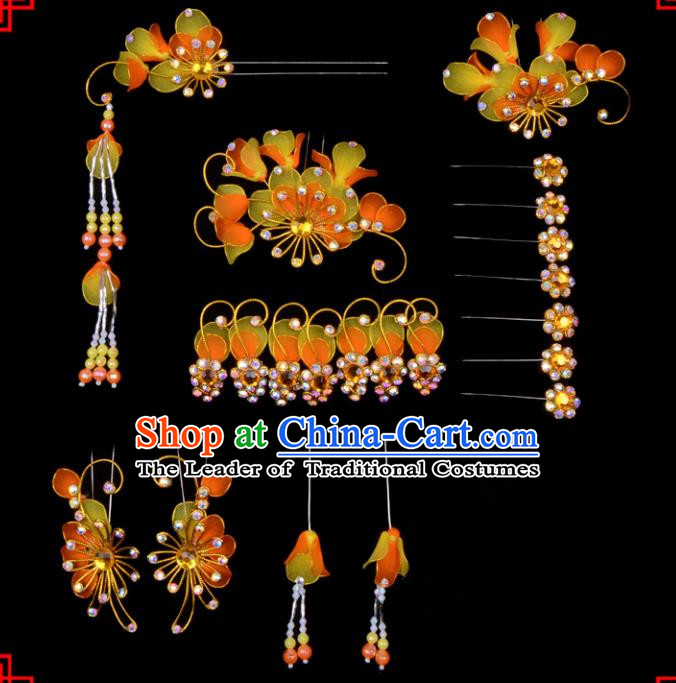 Traditional Beijing Opera Diva Hair Accessories Head Ornaments Complete Set Orange Hairpins, Ancient Chinese Peking Opera Hua Tan Hair Stick Headwear