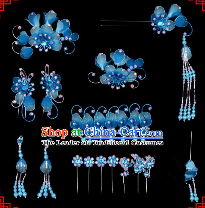 Traditional Beijing Opera Diva Hair Accessories Head Ornaments Complete Set Blue Hairpins, Ancient Chinese Peking Opera Hua Tan Hair Stick Headwear