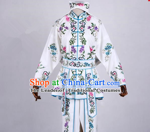 Traditional China Beijing Opera Swordplay Costume, Ancient Chinese Peking Opera Blues Warrior Embroidery White Clothing