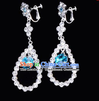 Traditional Beijing Opera Diva Jewelry Accessories Blue Crystal Earrings, Ancient Chinese Peking Opera Hua Tan Eardrop