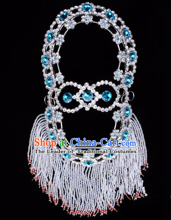 Traditional Beijing Opera Diva Hair Accessories Blue Crystal Head Ornaments Hairpins, Ancient Chinese Peking Opera Hua Tan Headband Headwear