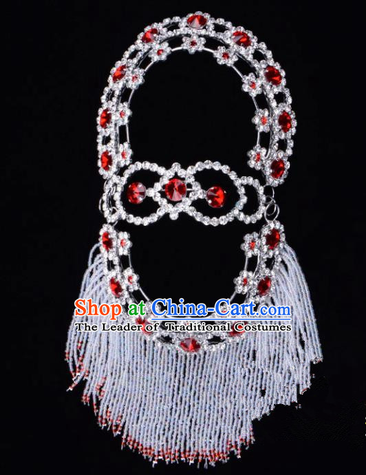 Traditional Beijing Opera Diva Hair Accessories Red Crystal Head Ornaments Hairpins, Ancient Chinese Peking Opera Hua Tan Headband Headwear