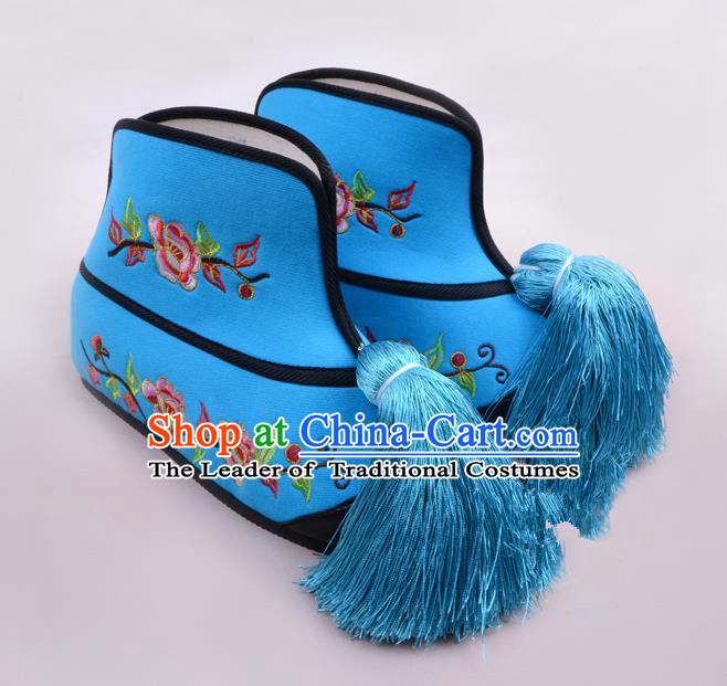 Traditional Beijing Opera Swordplay Embroidered Blue Boots Young Lady Shoes, Ancient Chinese Peking Opera Blues Shoes
