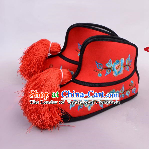 Traditional Beijing Opera Swordplay Embroidered Red Boots Young Lady Shoes, Ancient Chinese Peking Opera Blues Female Warrior Shoes