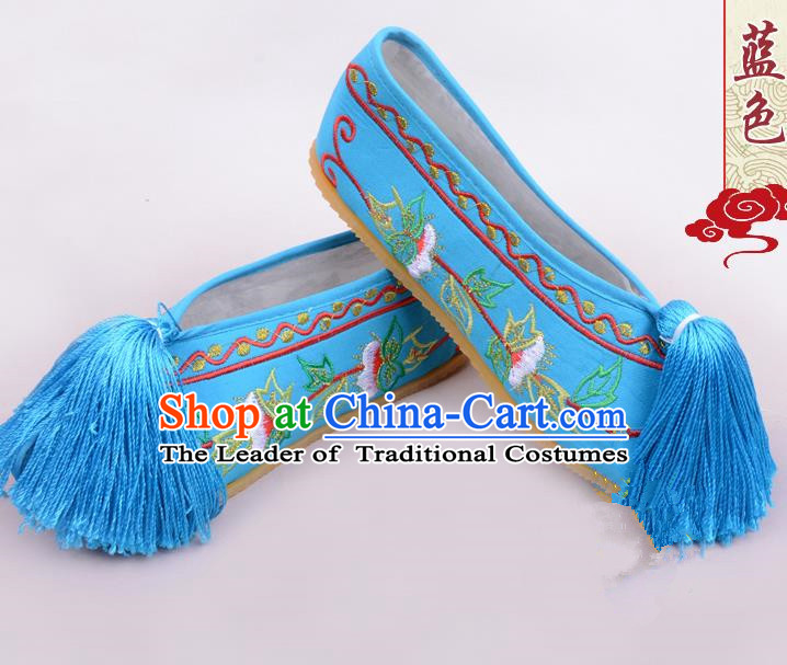 Traditional Beijing Opera Hua Tan Blue Embroidered Shoes Young Lady Princess Shoes, Ancient Chinese Peking Opera Diva Blood Stained Shoes