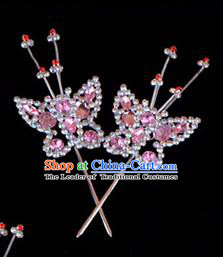 Traditional Beijing Opera Diva Hair Accessories Pink Crystal Head Ornaments Butterfly Hairpin, Ancient Chinese Peking Opera Hua Tan Hairpins Headwear